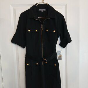 Sharagano Womens Belted Shirtdress Black Roll Tab Sleeves Little Black Dress sz6